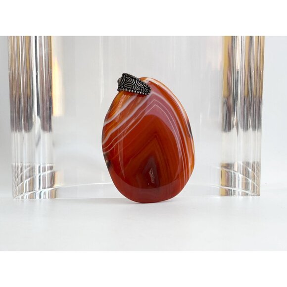 Carnelian Agate Smooth Stone Oval Shaped Large Silver Toned Vintage Pendant - Picture 10 of 12